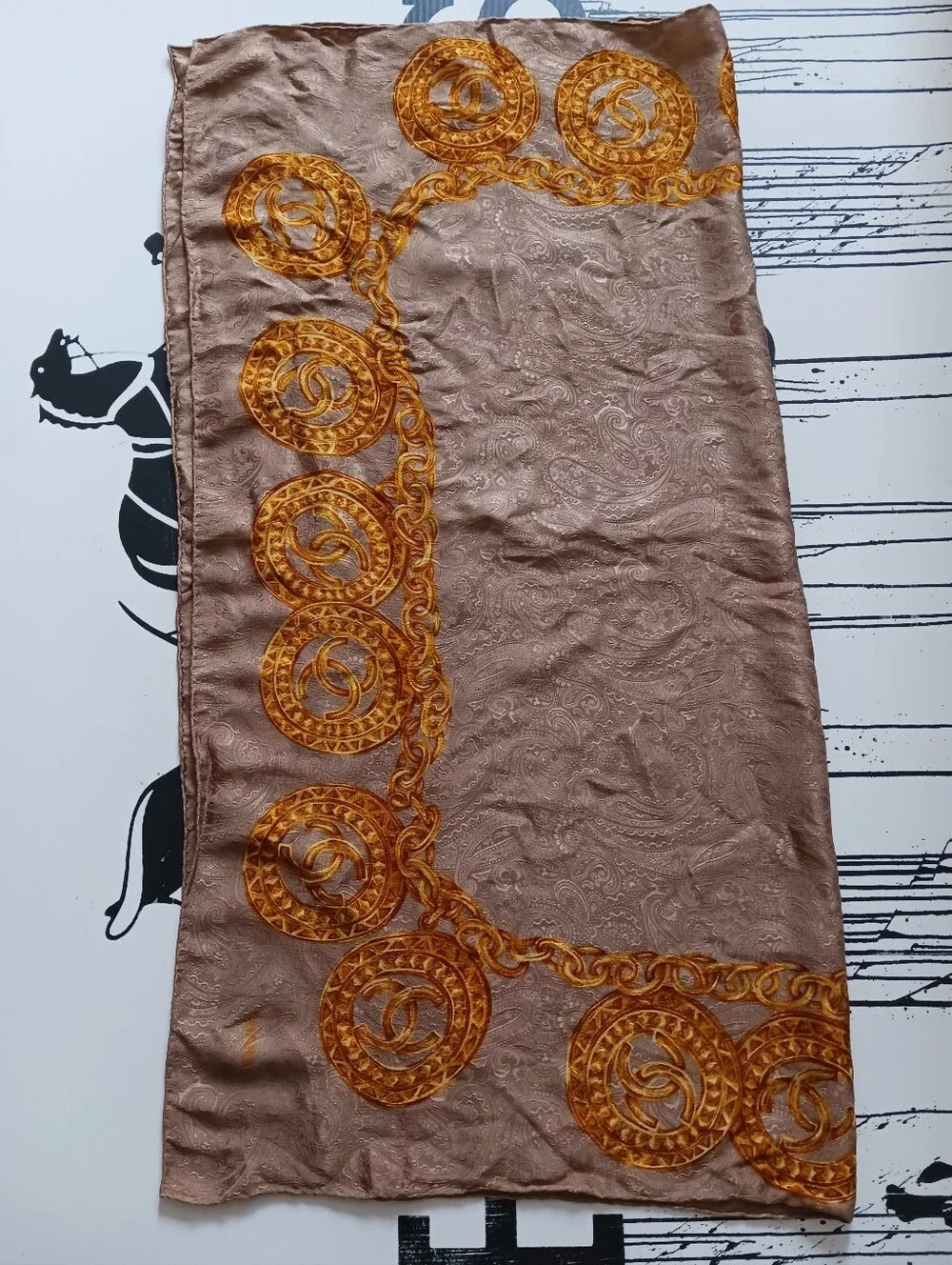 CHANEL Vintage  Beige Scarf with Gold Chain Medallion Motif  34